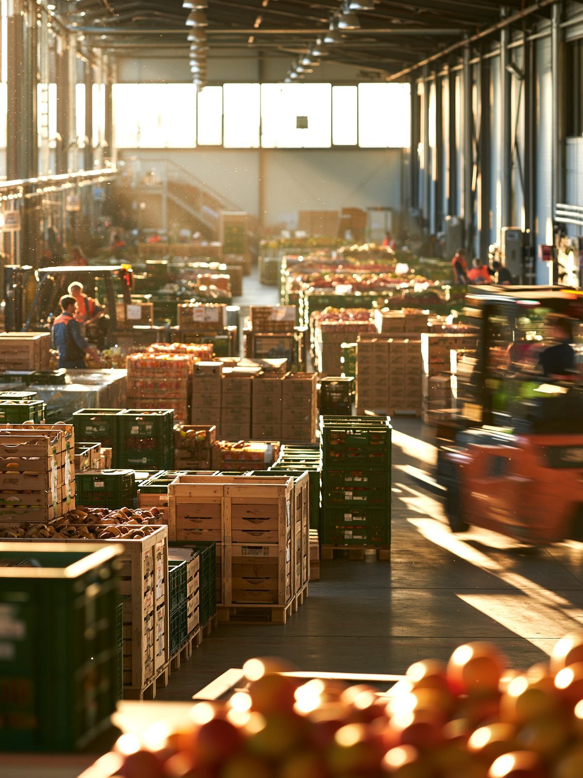 A wholesale market hall at first light: pallets of graded produce, staff working the floor, a forklift moving between rows