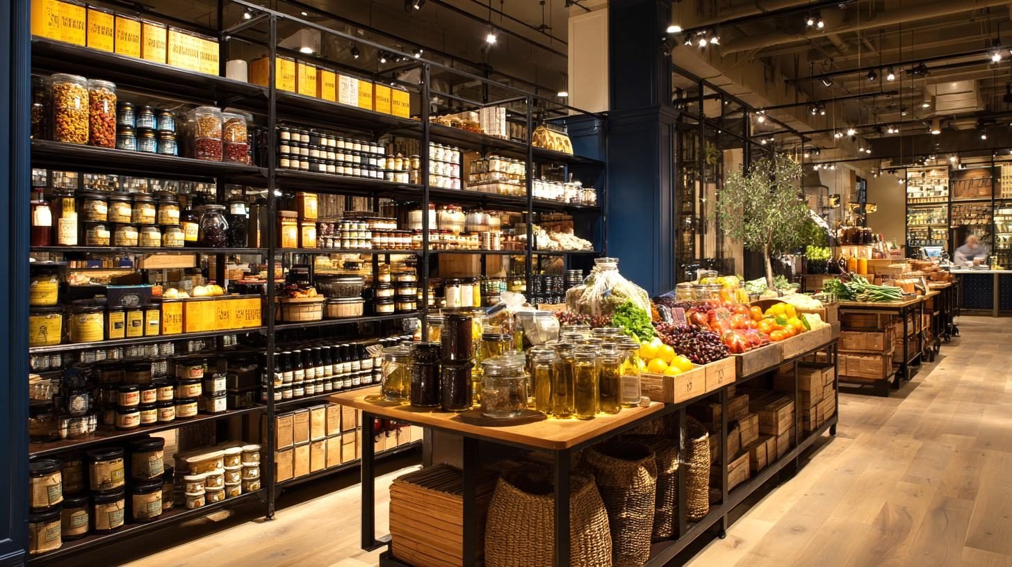 A specialty grocery interior: jars, preserves and oils on tall shelves beside a produce table